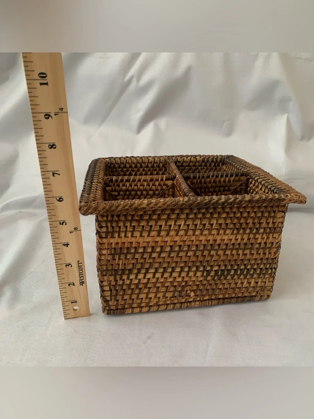 VTG Hand Woven Wicker Rattan Basket 4 Section Utensil Holder 8” Square Container